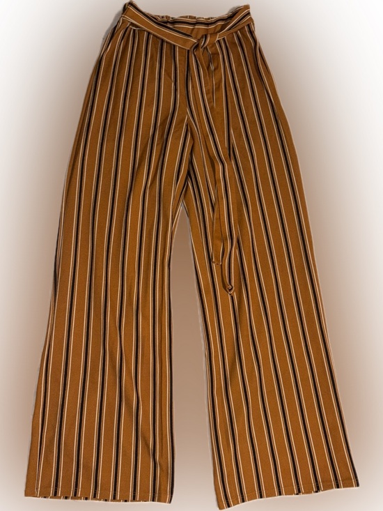 Pants - Striped Wide-Leg Tie-Waist Pants — Mustard Brown Stripe